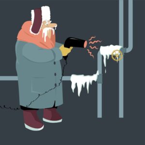 Unthawing frozen pipe with a hair dryer - cartoon drawing