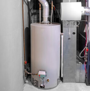A high efficiency hot water tank, also known as a hot water heater, installed in a home's utility closet. Son-Rise Plumbing repairs and installs hot water tanks in Calgary and area.