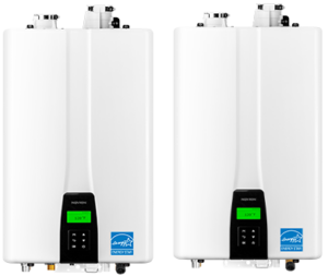 Two Navien tankless water heaters. Son--Rise Plumbing installs tankless water heaters in Calgary.