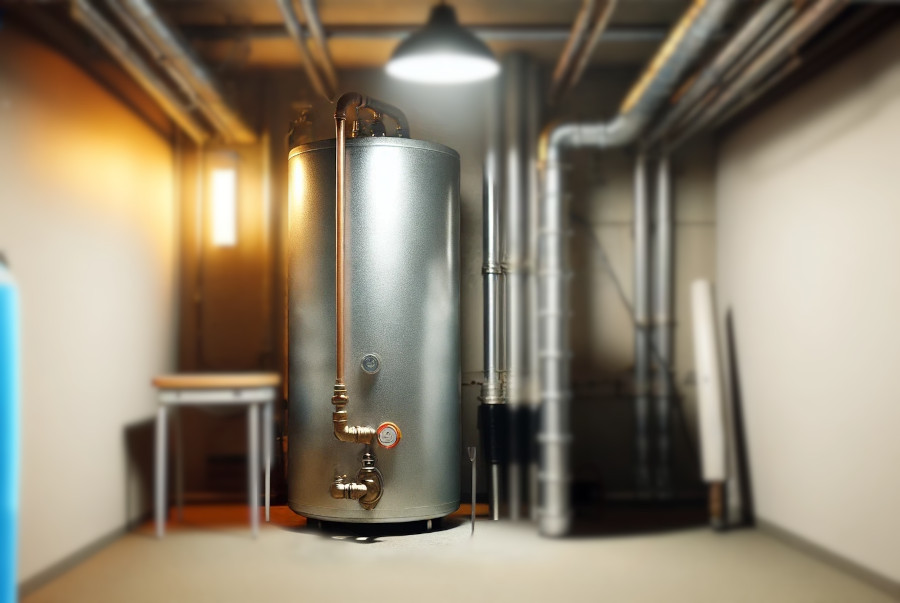 a rendering of a hot water tank in a utility room in a basement. Son-Rise plumbing fixes hot water tanks, and also installs new hot water tanks in Calgary.