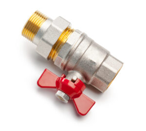 An isolated water shut off valve on a white background. Son-Rise Plumbing can replace valves like this for Calgary homeowners.